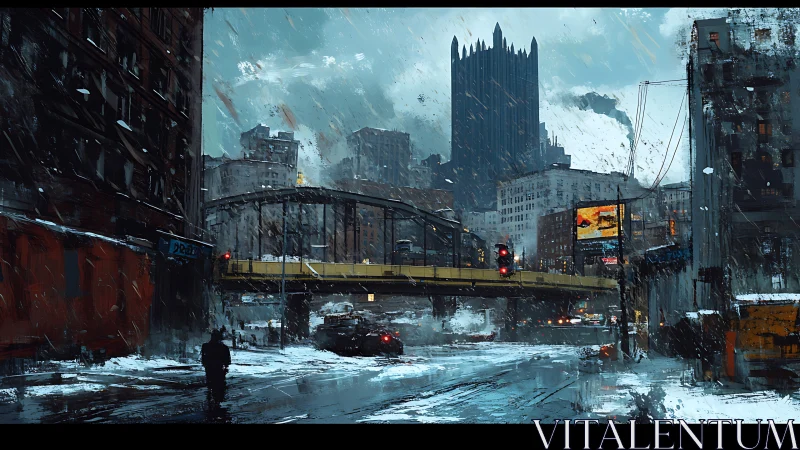 Snow-lashed city bridge under towering monolith of steel.