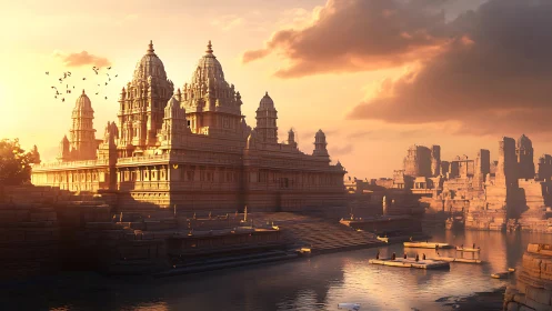 Riverside sandstone temple complex under low warm light.