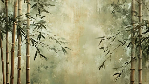 Vertical bamboo stalks on muted textured background.