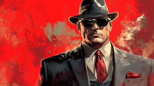 Sharp-suited noir figure rendered with bold chromatic contrast and smoke