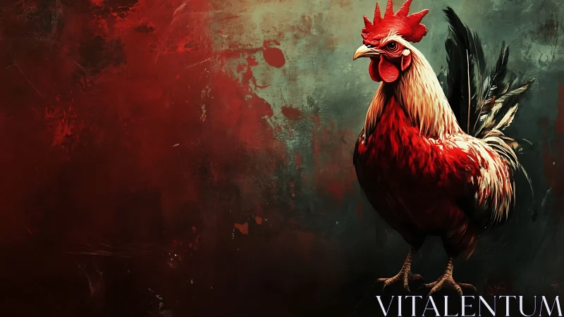 Crimson Rooster Portrait Against Distressed Background.