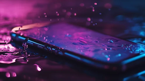 Neon smartphone lies in splashing water under vivid lights.