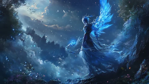 Celestial mage with crystalline wings above stormlit city.
