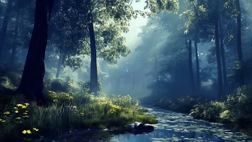 Luminous forest stream landscape with atmospheric light diffusion through towering woodland.
