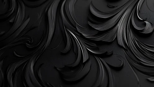 Sculpted black metallic swirls in high-contrast relief design.