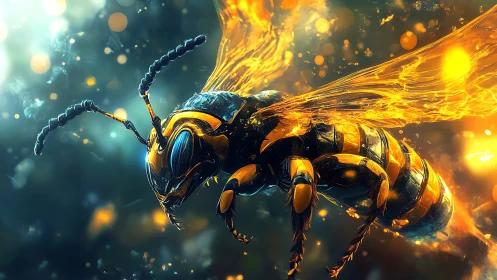 Futuristic wasp rendered as glowing mechanical insect.