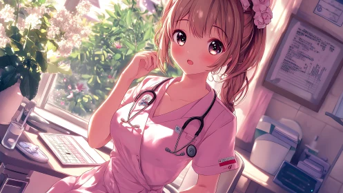 Anime nurse in sunlit clinic office with pink uniform.