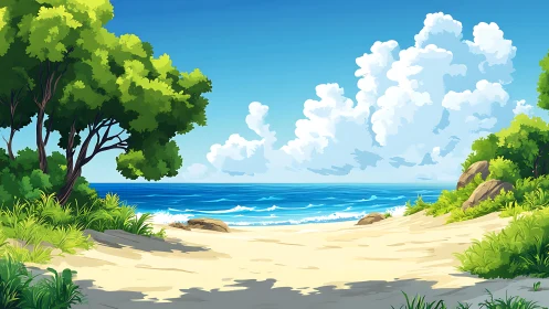 Tropical Coastal Scene with Beach and Vegetation.