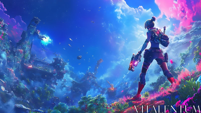 Bold space explorer welcomes a vivid neon alien horizon