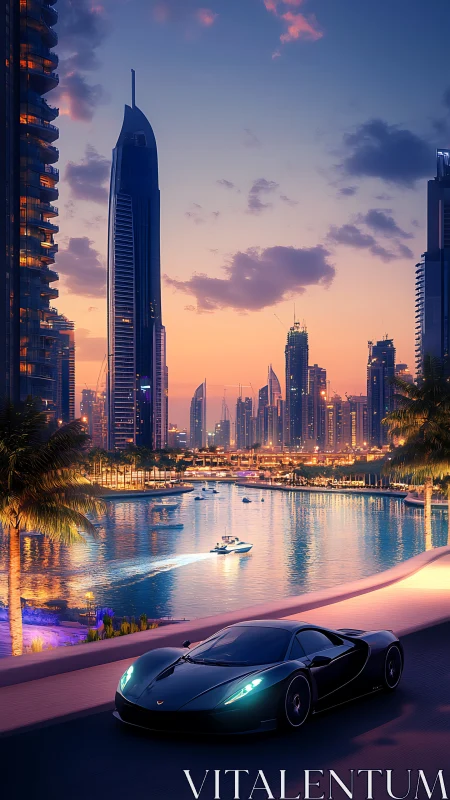 Futuristic supercar glides beside neon waterfront skyline at dusk