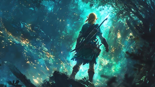 Forest-wanderer pauses as turquoise magic storms the trees