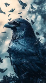 Iridescent raven portrait amid swirling flock, cool duotone