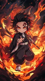 Fiery chibi swordsman strides through swirling inferno flames.