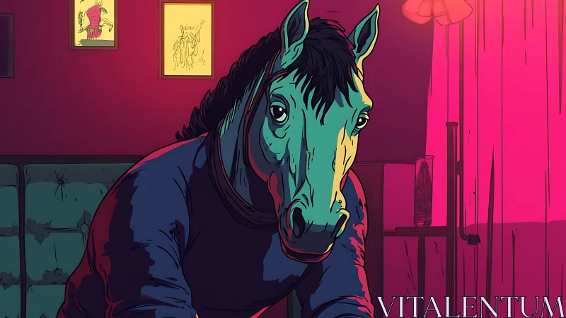 Anthropomorphic horse figure seated in stylized interior scene.