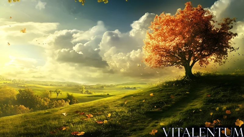 Solitary autumn tree on sunlit hillside under clouds.