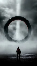 Human figure observing large ring structure in dense fog.