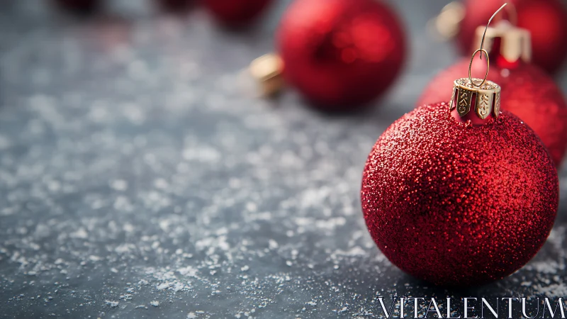 Glistening red baubles resting on a frosted winter table.