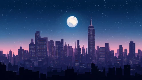 Night city skyline under full moon with gradient sky.