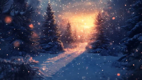 Snow-laden conifer forest path at golden winter sunset glow