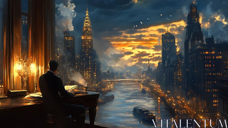 Solitary writer overlooks a glowing steampunk river city at dusk