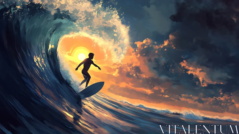 Surfer silhouette within curling wave at low sun horizon.