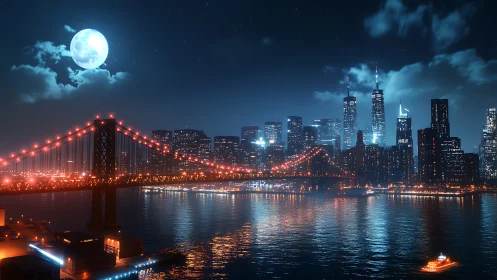 Moonlit bridge and neon skyline waltzing on calm water.