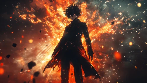 Silhouetted figure in coat before explosive fiery backdrop.