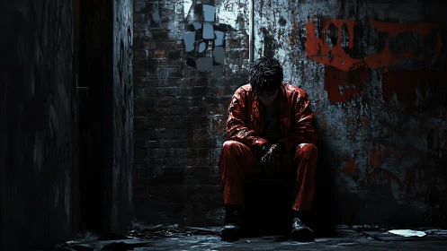 Brooding alley drifter in scarlet slumps beneath rusted walls.