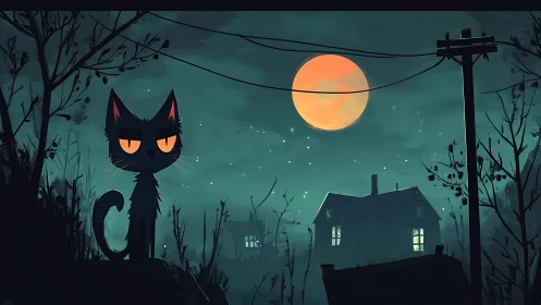 Black Cat Under Orange Moon in Haunted Night.