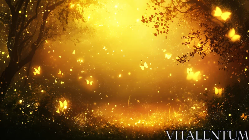Golden forest clearing glows with luminous butterfly swarms