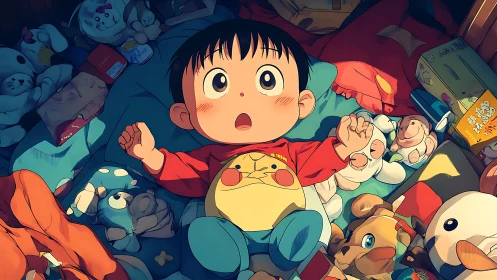 Wide-eyed child amazed amid toy-filled bedroom glow.