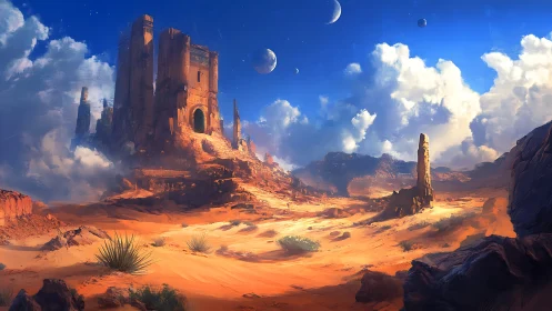 Desert fortress under multiple moons in bright daylight