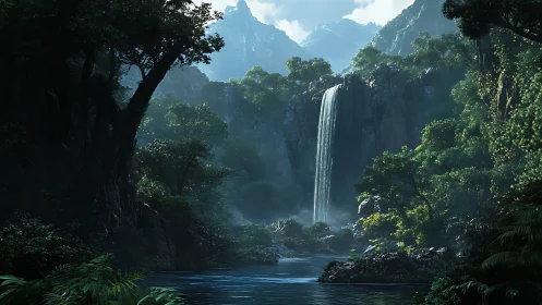 Cascading Waterfall Through Dense Tropical Gorge with Limestone Peaks