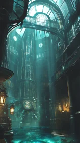 Submerged glass atrium with clocks and diffused teal light.