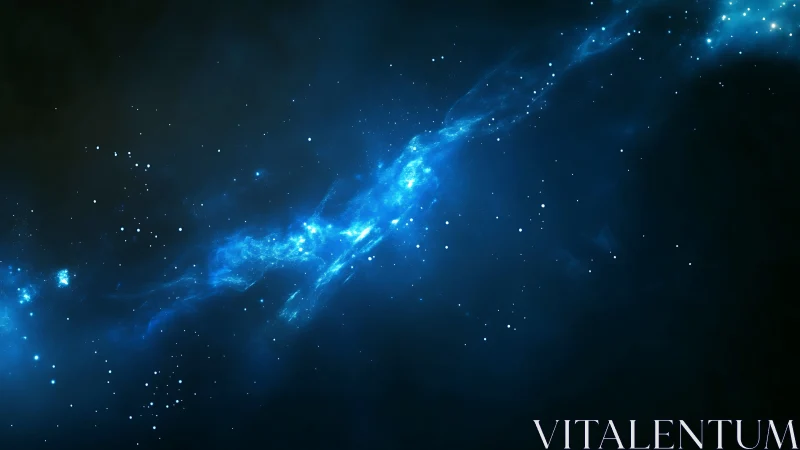 Bright blue nebula cloud stretches across deep space.