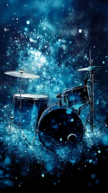 Drum kit in vivid blue abstract stage lighting scene.