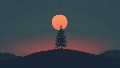 Quiet hilltop pine framed by a tender rising moon.