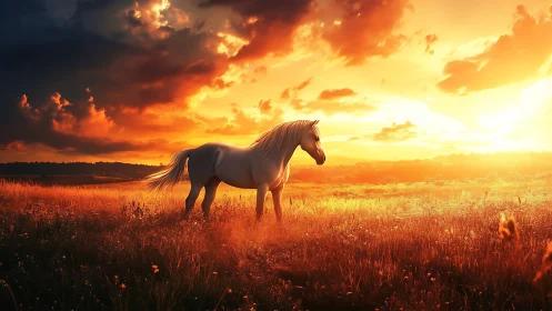 Lone white horse in blazing cinematic sunset meadowscape.