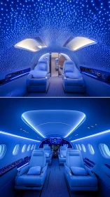Futuristic private jet cabin with immersive blue LED lighting.