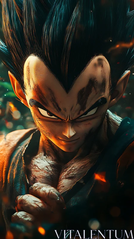 Battle-worn anime fighter in hyper-detailed digital close-up.