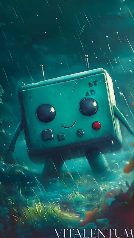 Boxy teal robot walking through rainy forest path.