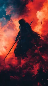 Silhouetted swordsman in dark armor amid red smoke field.