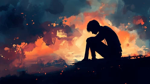 Quiet silhouette resting inside a storm-bright sunset sky.