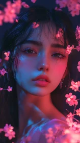 Dreamlit portrait wrapped in soft neon blossom glow.