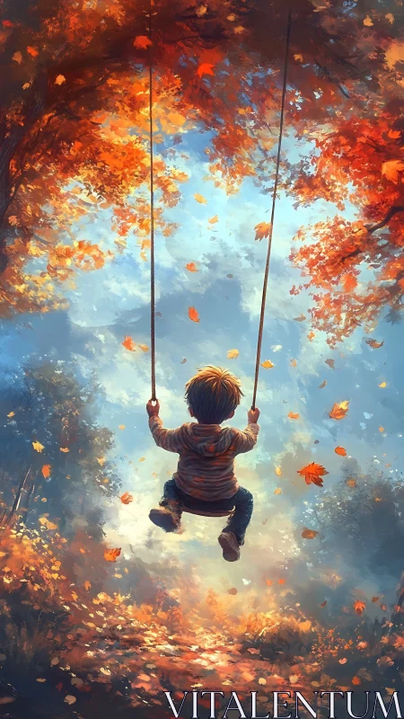 Childhood joy soaring on an autumn forest swing.