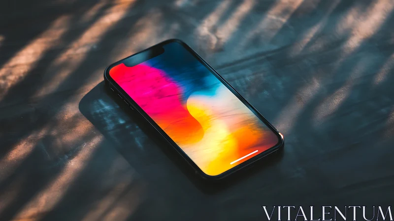 Black smartphone displaying vibrant gradient wallpaper under sunlight.