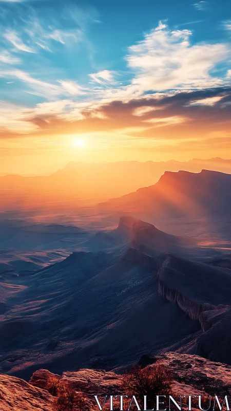 Sunlit desert ridge recedes under luminous stratified clouds