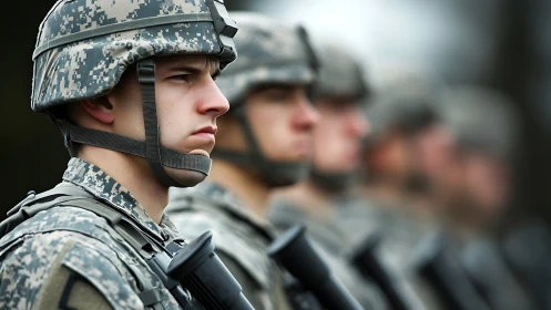Soldiers in camouflage helmets standing in aligned formation.