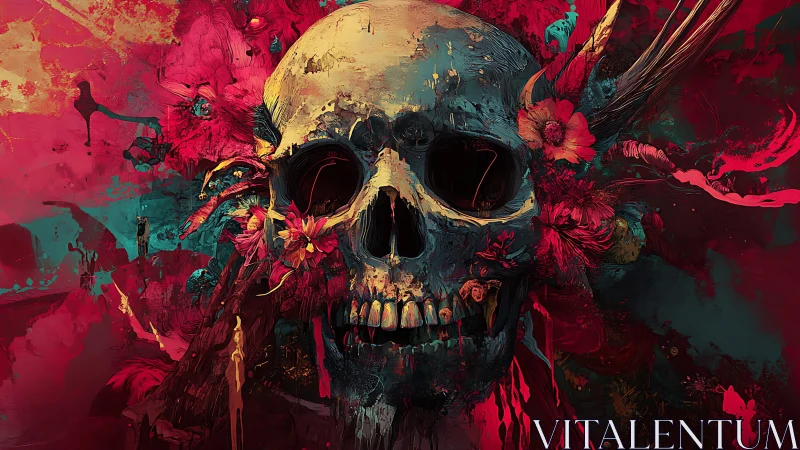 Floral skull emerges from vivid crimson and teal chaos.
