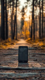Lonely smartphone waits on a quiet golden forest path.